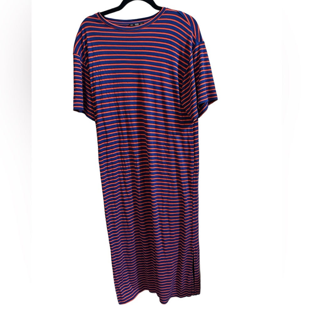 Zara long t-shirt maxi dress striped in blue and orange size Medium